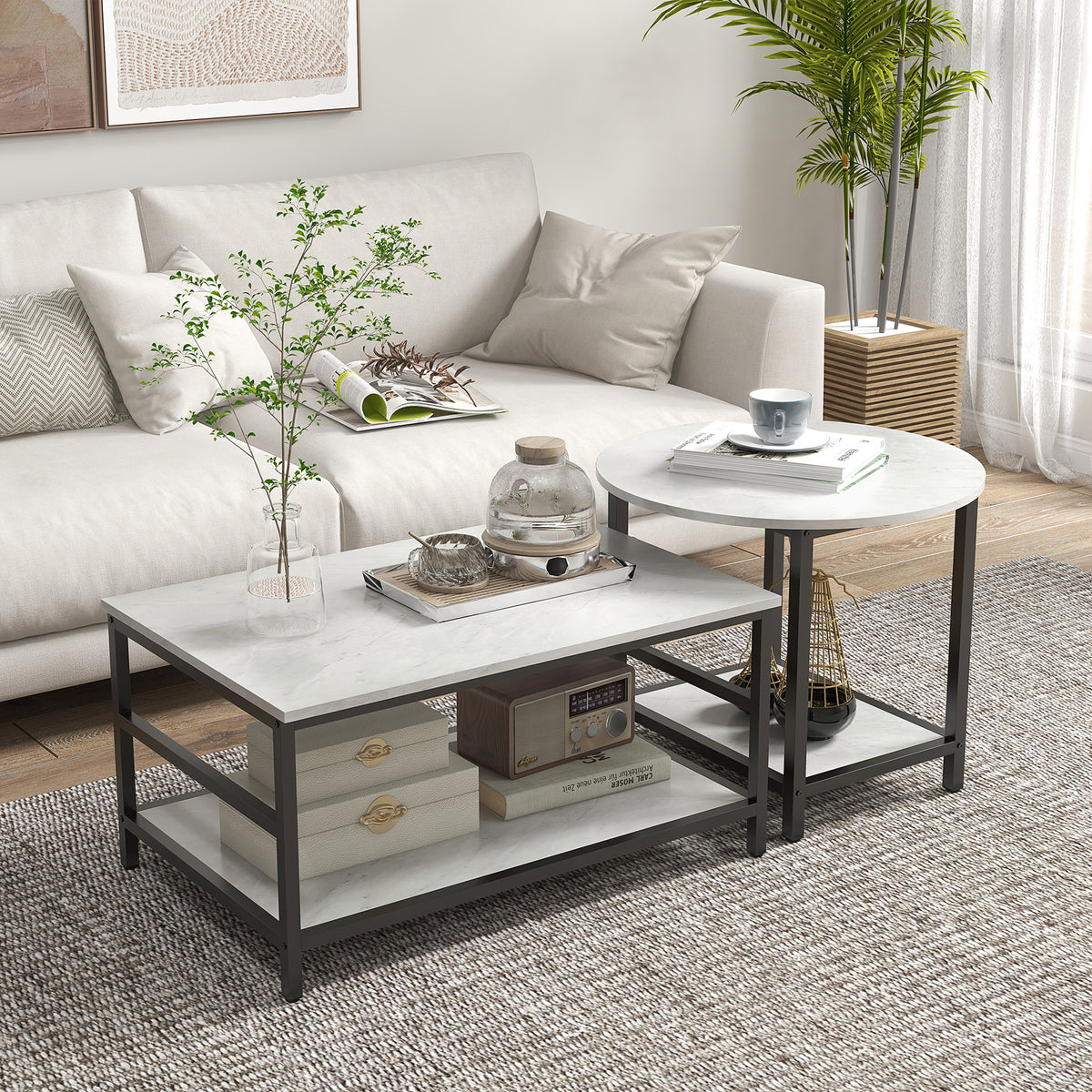 Coffee table set, 2 side tables, marble look, adjustable feet, steel, black/white (2)