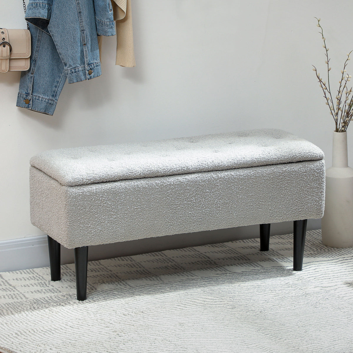 Storage chest, bench with storage space, up to 120kg, velvet look, 95x38x45cm, grey (2)