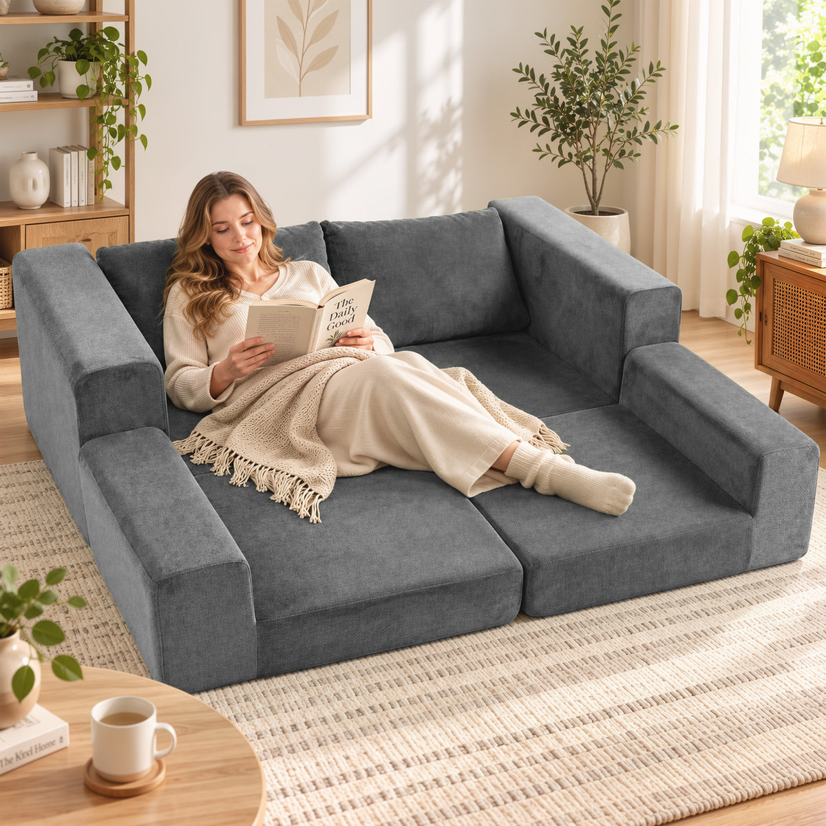 4-in-1 sofa bed, pull-out sleeper function, folding sofa with cushion, 2-seater, grey (2)