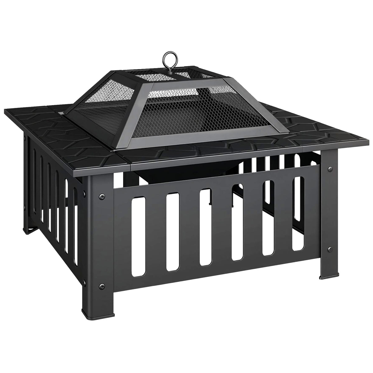 Steel fire pit, outdoor fireplace with spark guard and poker for camping, 67x67x47cm, black