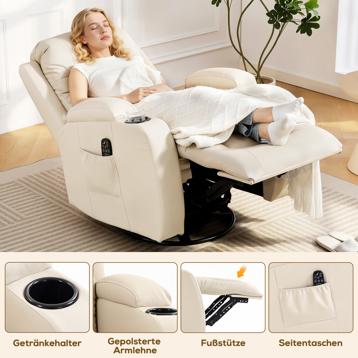 Massage chair with rocking, reclining & heating function, 3 modes, swivel, cream white (7)