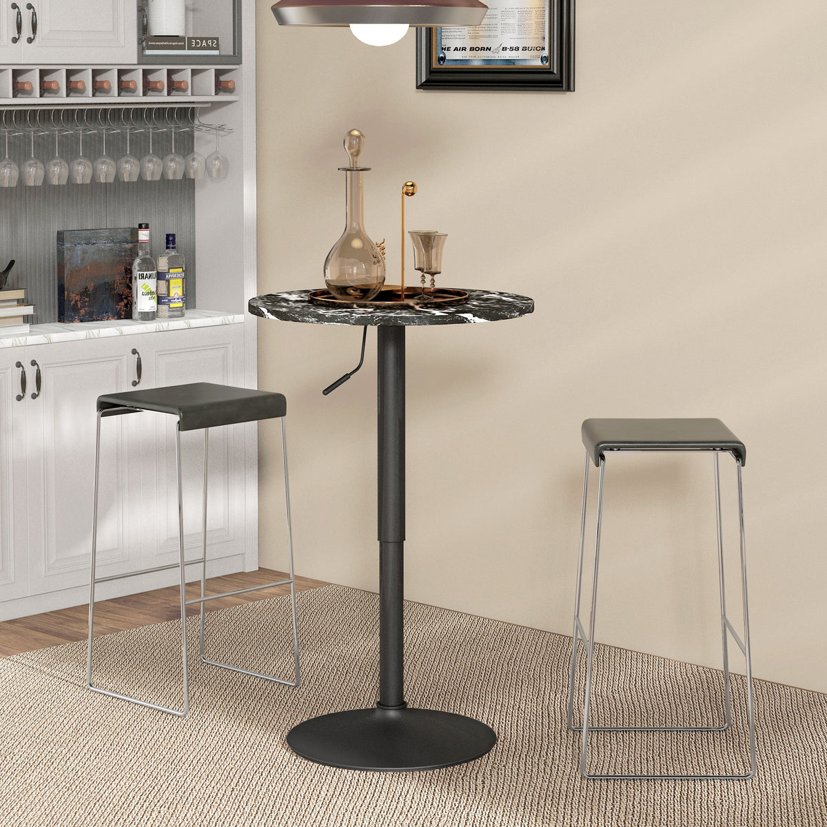 Bar table for 2 people, height-adjustable, marble look, 60 x 60 x 68-93.5 cm, black (2)