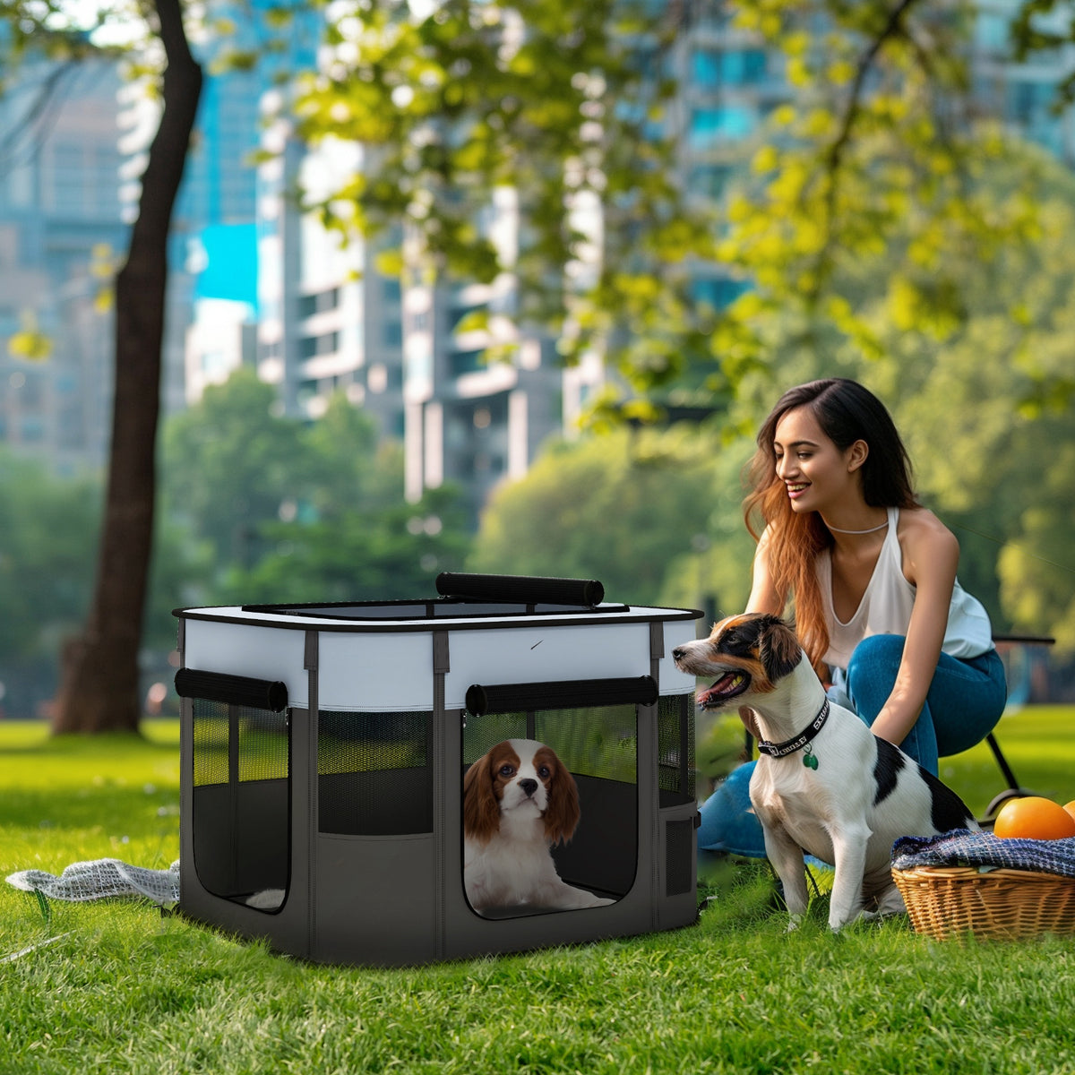 Pet playpen, foldable, with storage bag, for puppies and kittens, indoor and outdoor, grey (2)