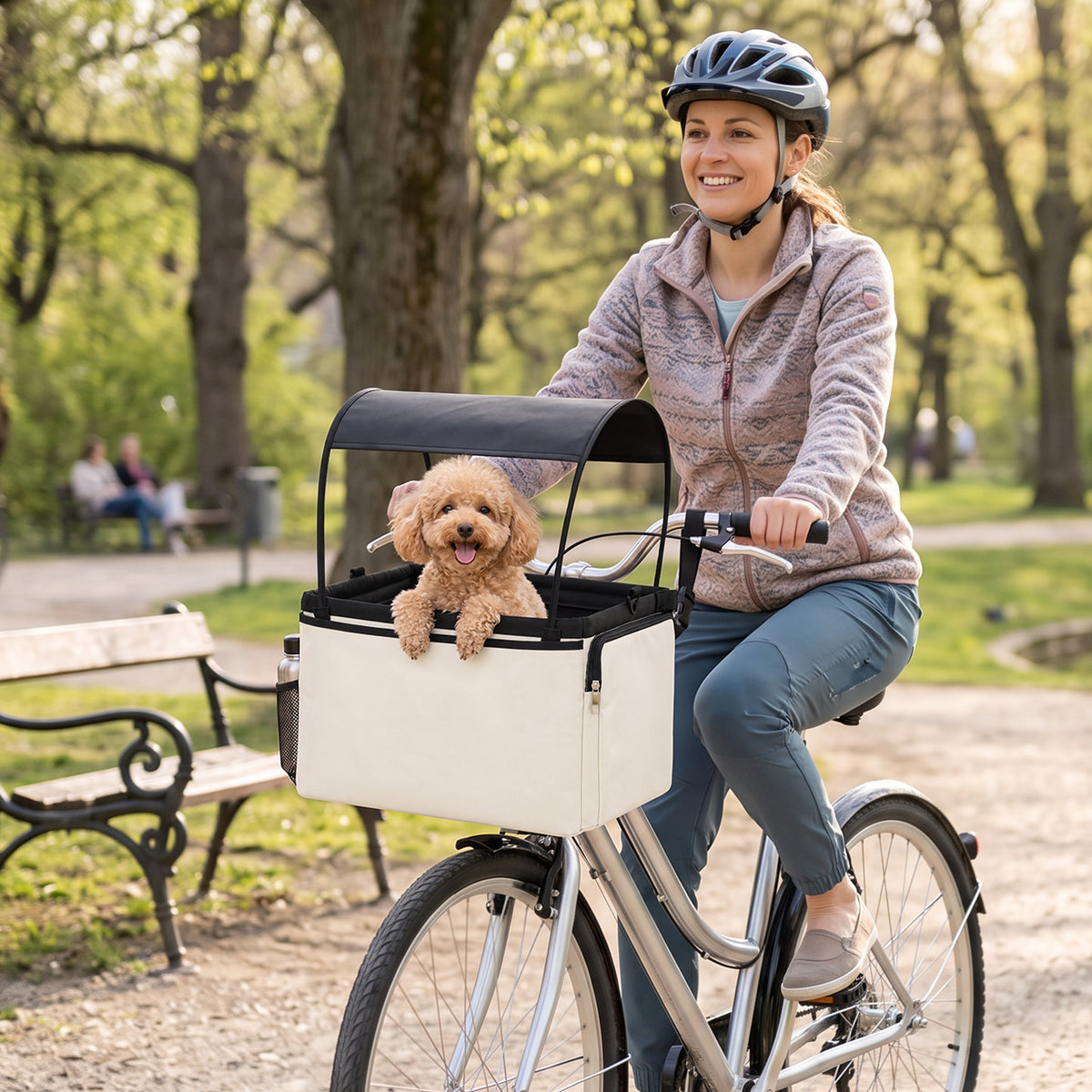 Dog Bicycle Basket Front 2-in-1 Portable Dog Bike Basket with Canopy Safety Leash Shoulder Strap Side Pockets (2)