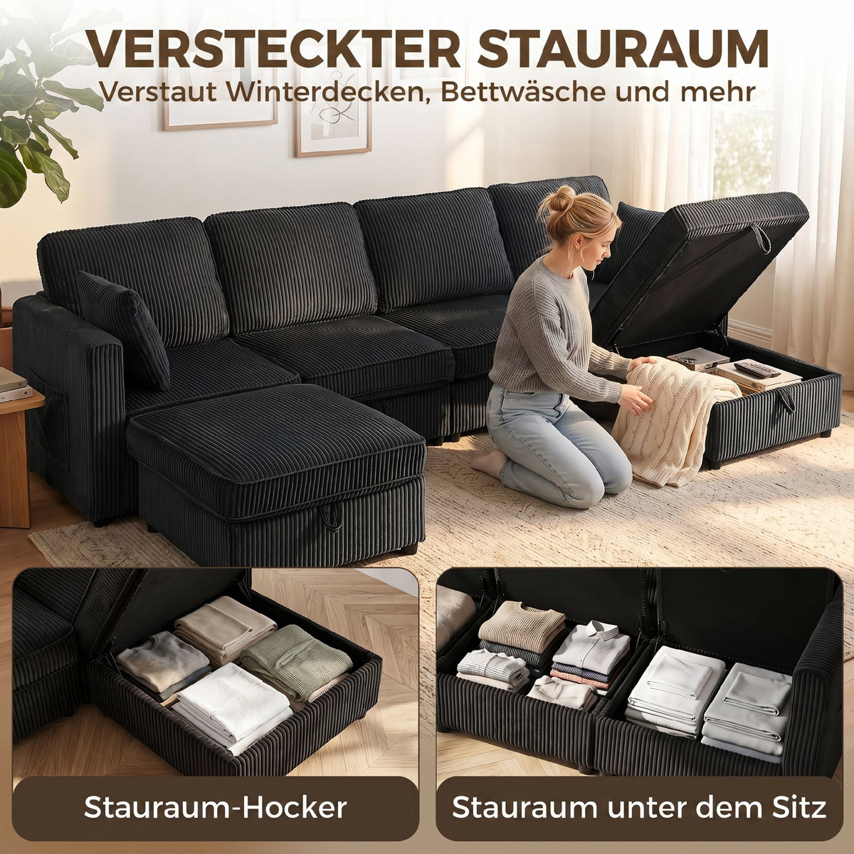 4-seater U-shaped corner sofa with storage ottoman, 306 cm corner couch in corduroy look, 4 cushions, for living (6)