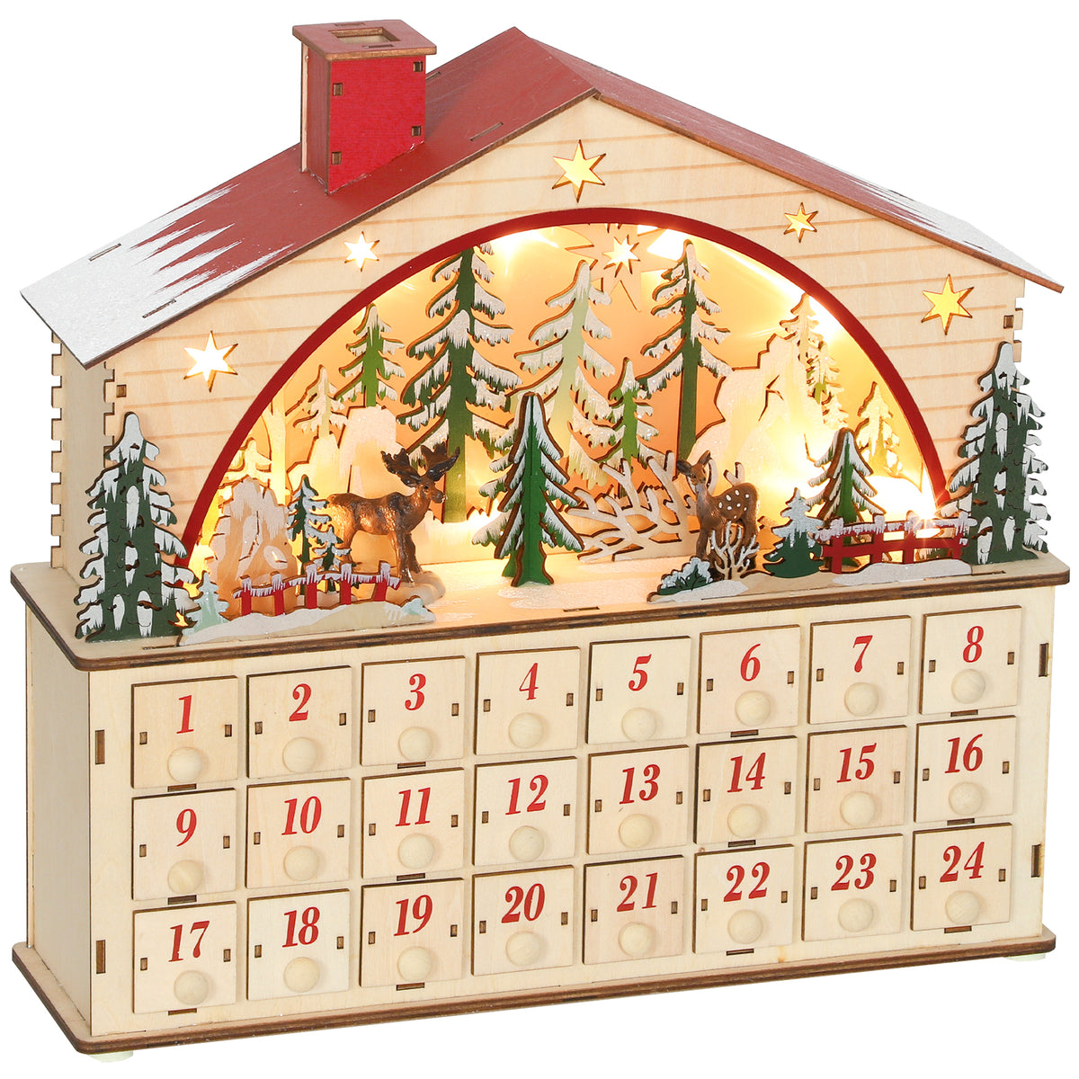 Advent calendar for filling, 24 drawers, Christmas calendar compartments with LED lights, natural wood, 36 x 10