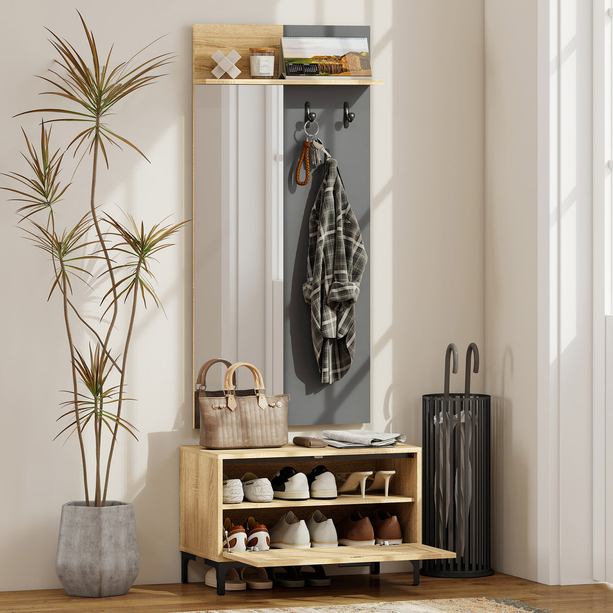 Hallway furniture set, shoe bench, mirror, 3 hooks, open shelf, entryway furniture, natural wood+grey (2)