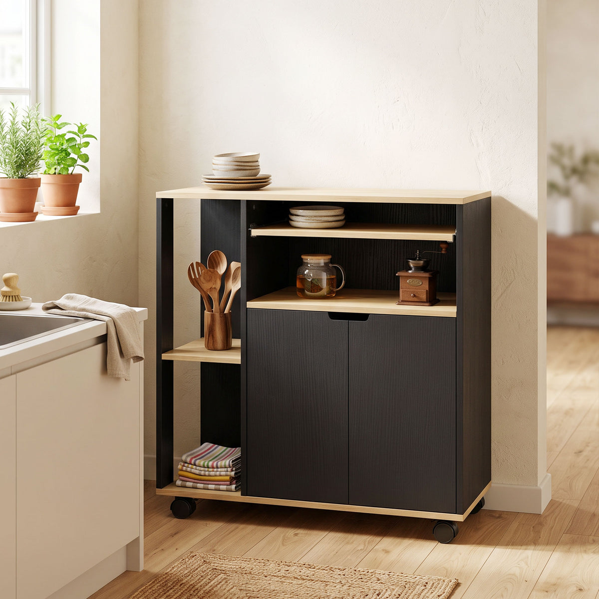 Rolling kitchen cart with storage space, cabinet, adjustable shelves, for kitchen, living room, dining room (2)