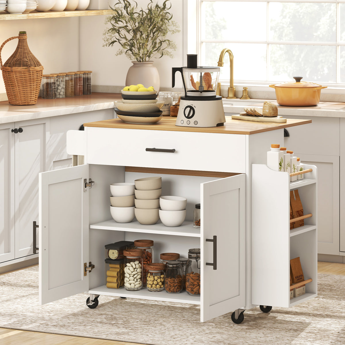 Kitchen island, kitchen trolley on wheels, with drop-leaf countertop, drawer, shelf, 120 x 68 x 85 cm, white (2)