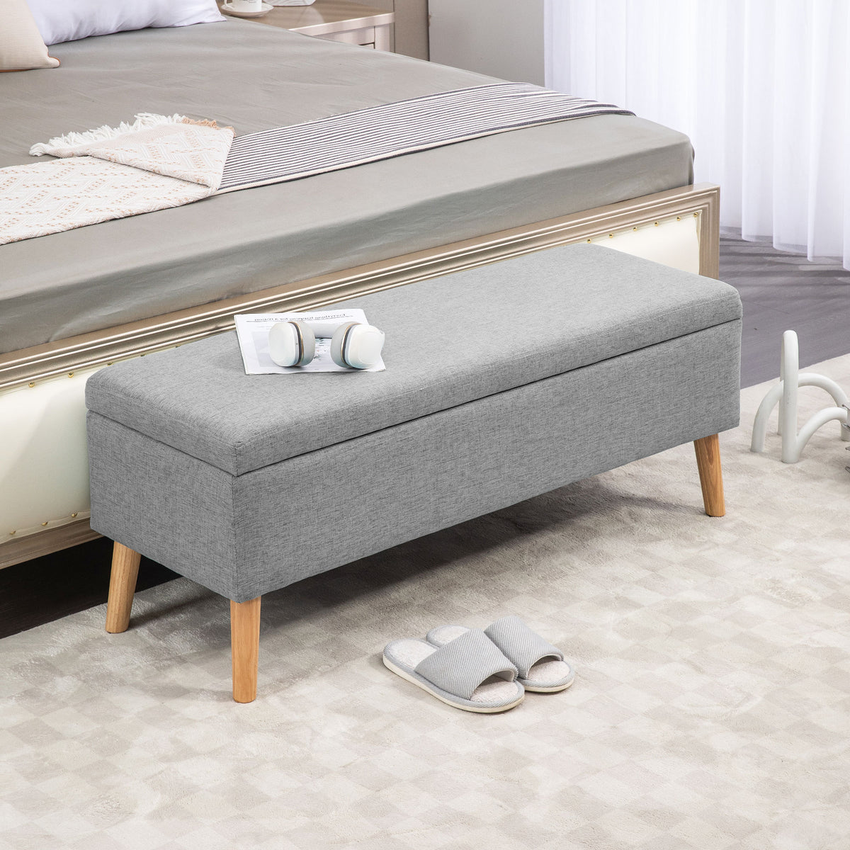 Upholstered bench with storage space, linen-look cover, rubberwood legs, up to 220 kg, 110x39x45cm, grey (2)