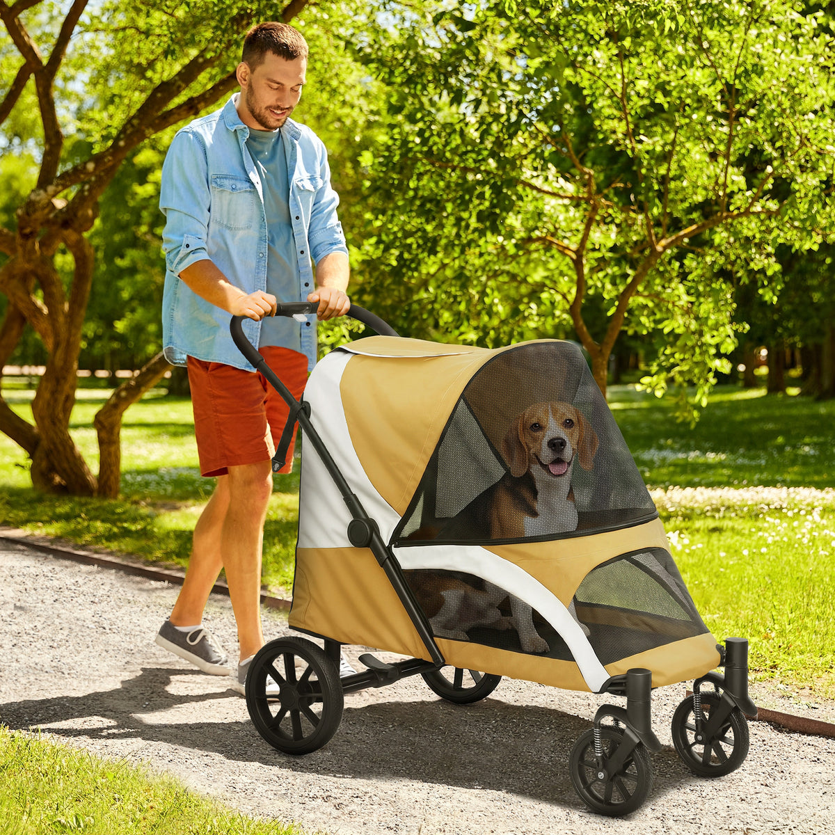 Dog Stroller, Foldable Pet Buggy for Medium-Sized Dogs, 4-Wheel Pet Carriage, Safety Leashes, Brakes, Brown (2)