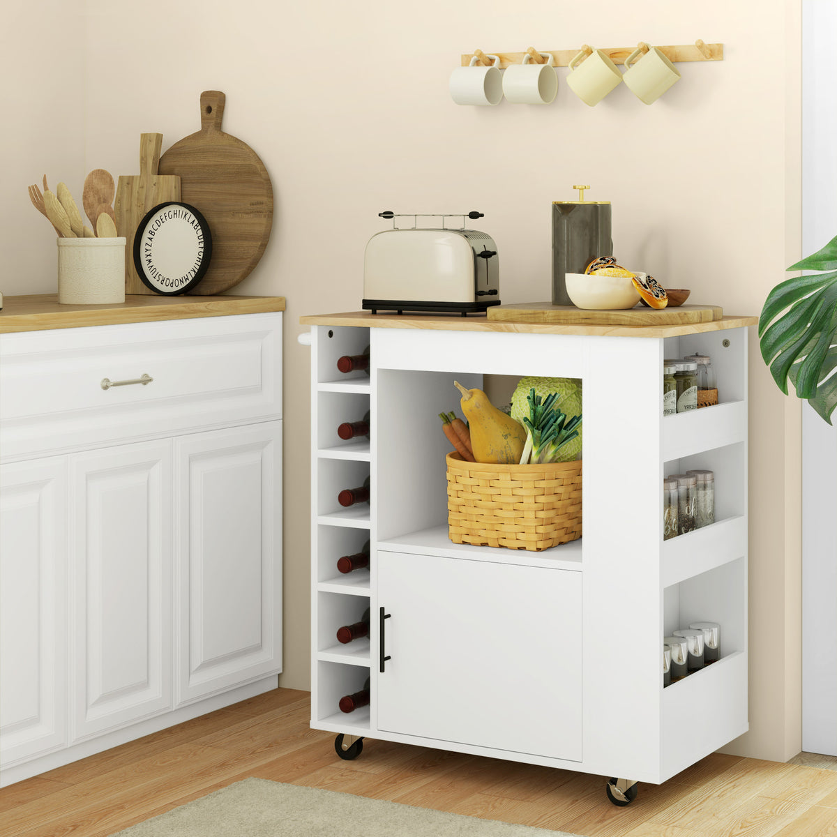 Kitchen Cart, Rolling Kitchen Island, Kitchen Trolley with Compartments, Wine Racks, Cabinet and Work Surface (2)