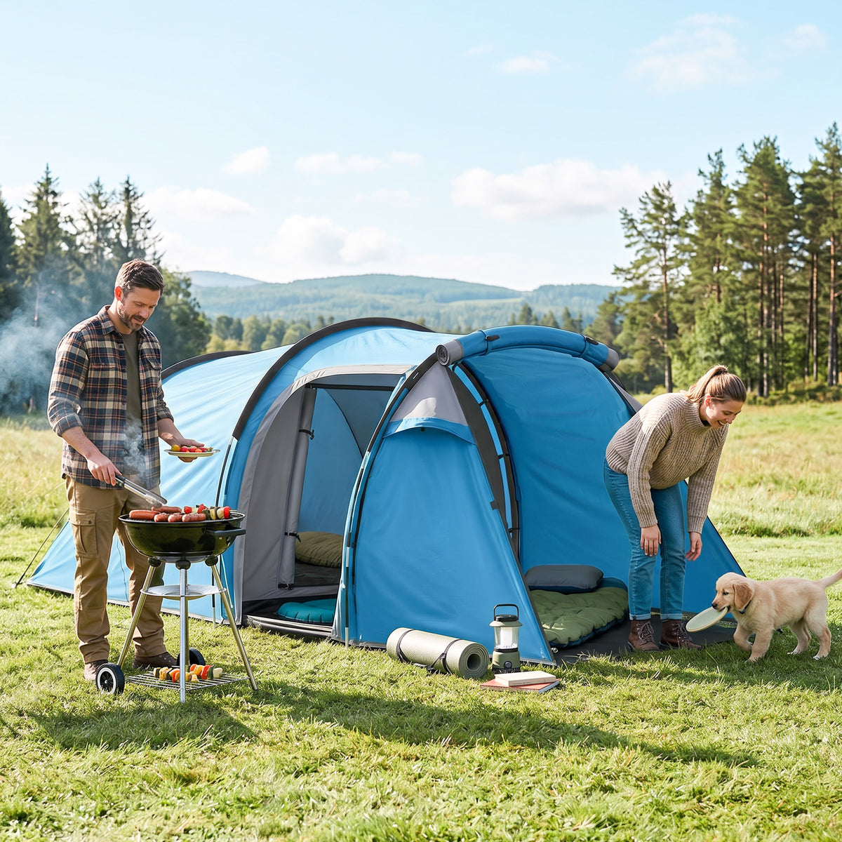 Camping tent, pop-up tent for 2 people, vestibule & sleeping area, waterproof, 426 x 206 x 154 cm, light blue (2)