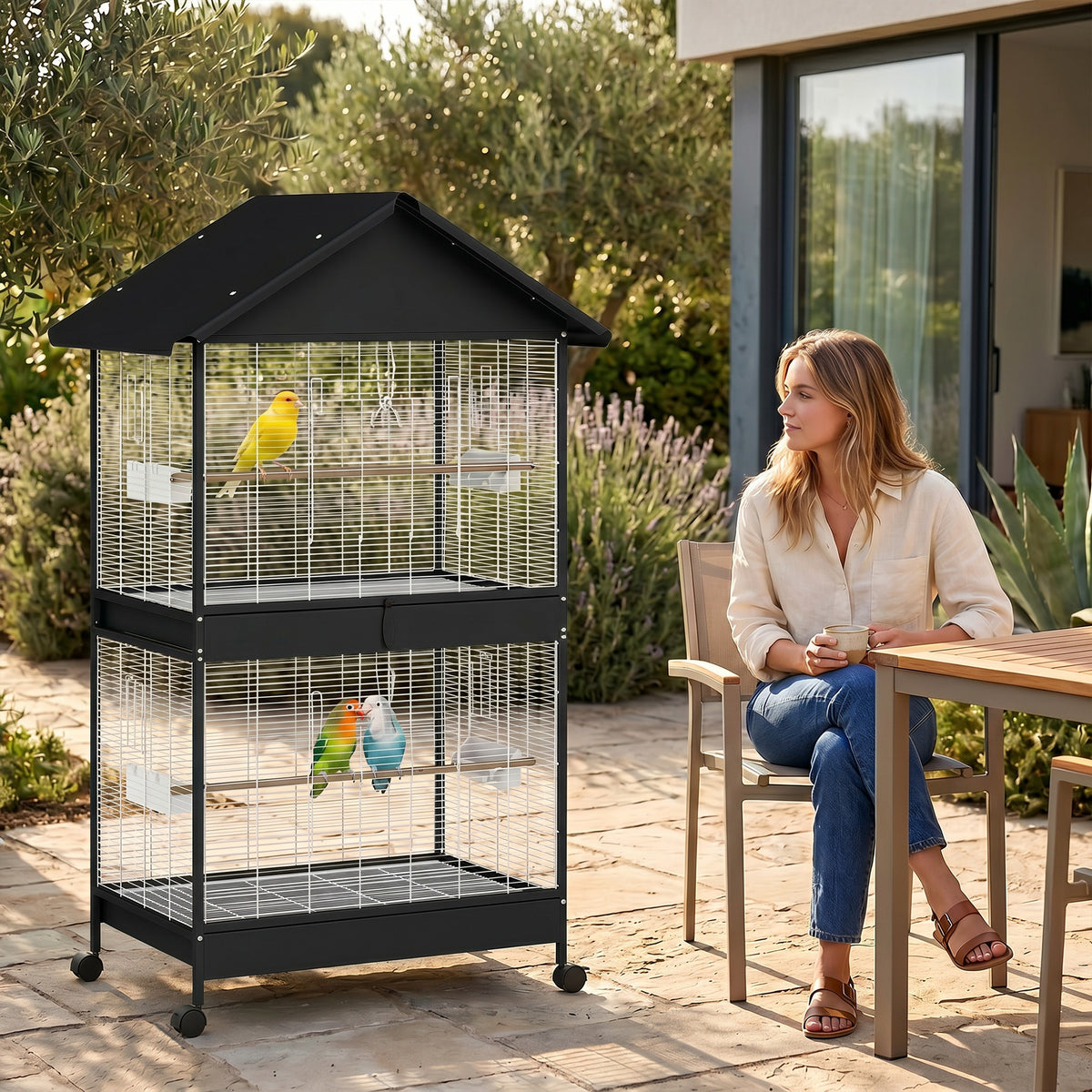 Large Bird Aviary Bird Cage with Removable Divider 2 Doors 2 Wooden Perches Wheels 2 Trays 4 Feeders XXL (2)