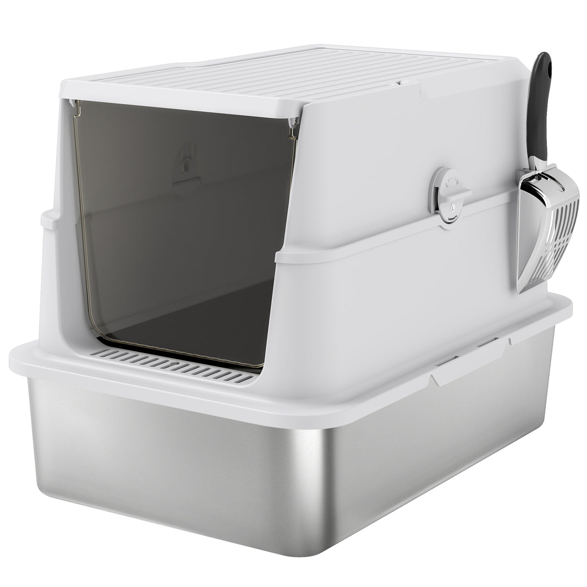 Cat litter box, stainless steel, XL interior, with scoop, light gray