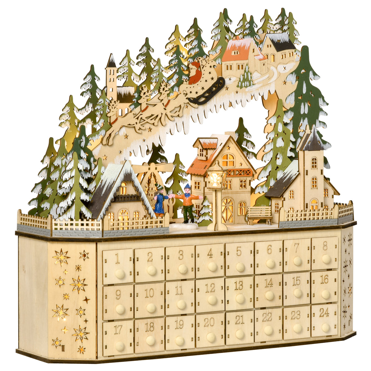 Advent calendar Christmas decoration, 24 drawers, LED lights, 39 cm x 9 cm x 42 cm, white + green