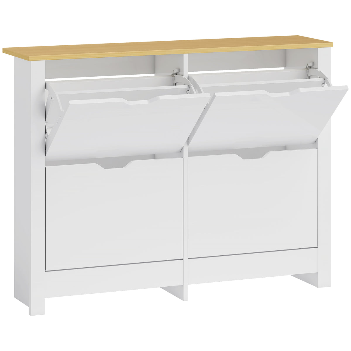 Narrow shoe cabinet with 4 tilt-out compartments for 8–16 pairs of shoes, 105 x 26 x 80 cm, white + natural