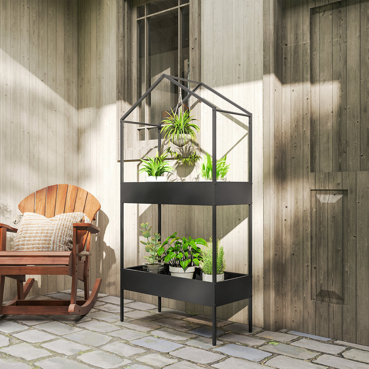 2-Tier house-shaped plant stand, 150 cm high flower stand with hooks, black metal (2)