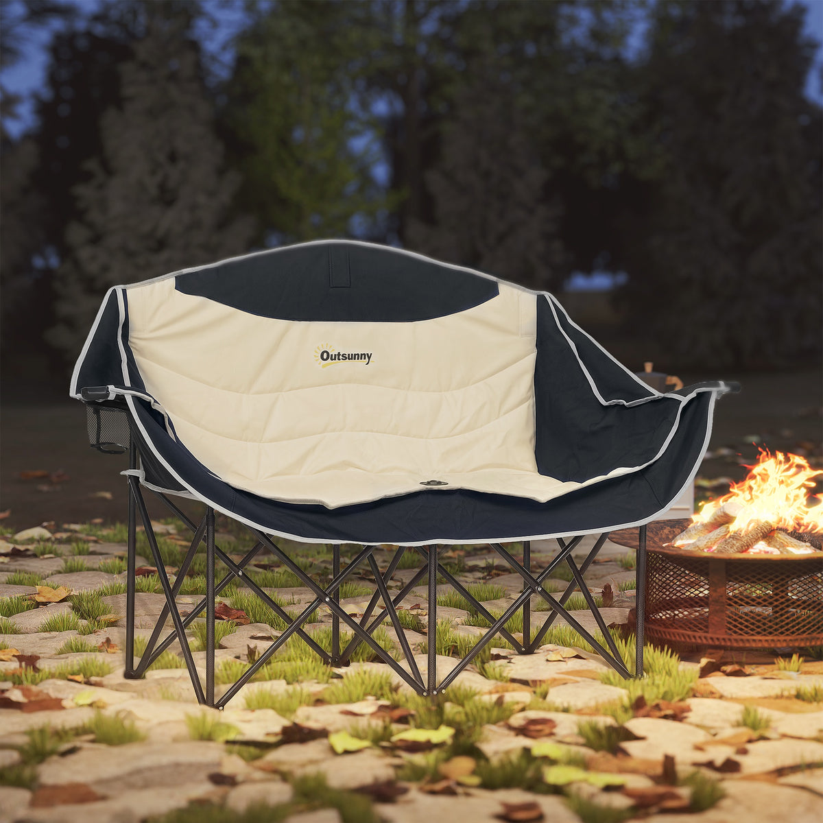 Foldable 2-seater camping chair with cup holder and carrying bag, load capacity up to 250kg, khaki (2)