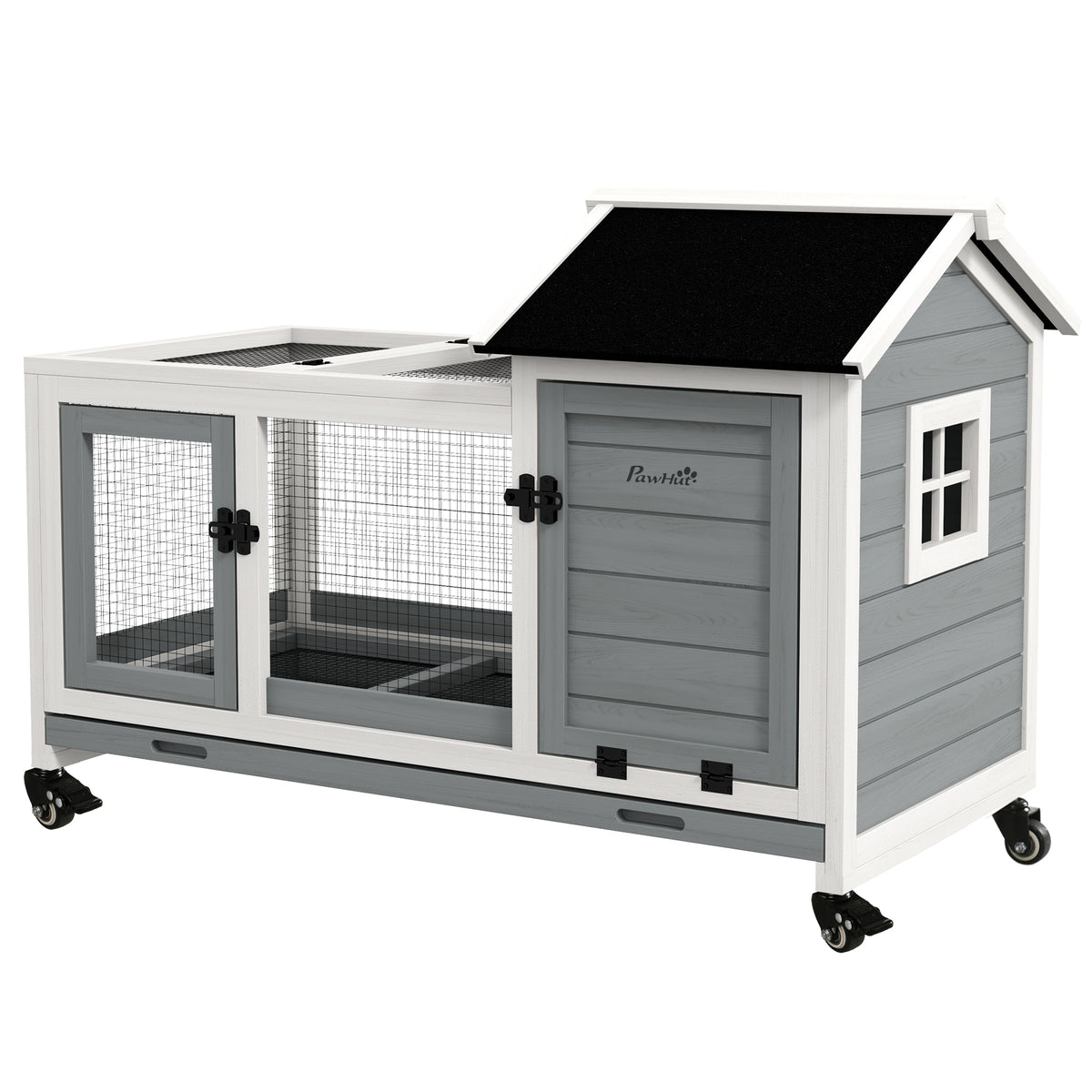 Small animal hutch for dwarf rabbits, guinea pigs, with wheels, 108 x 58 x 73.5 cm, grey