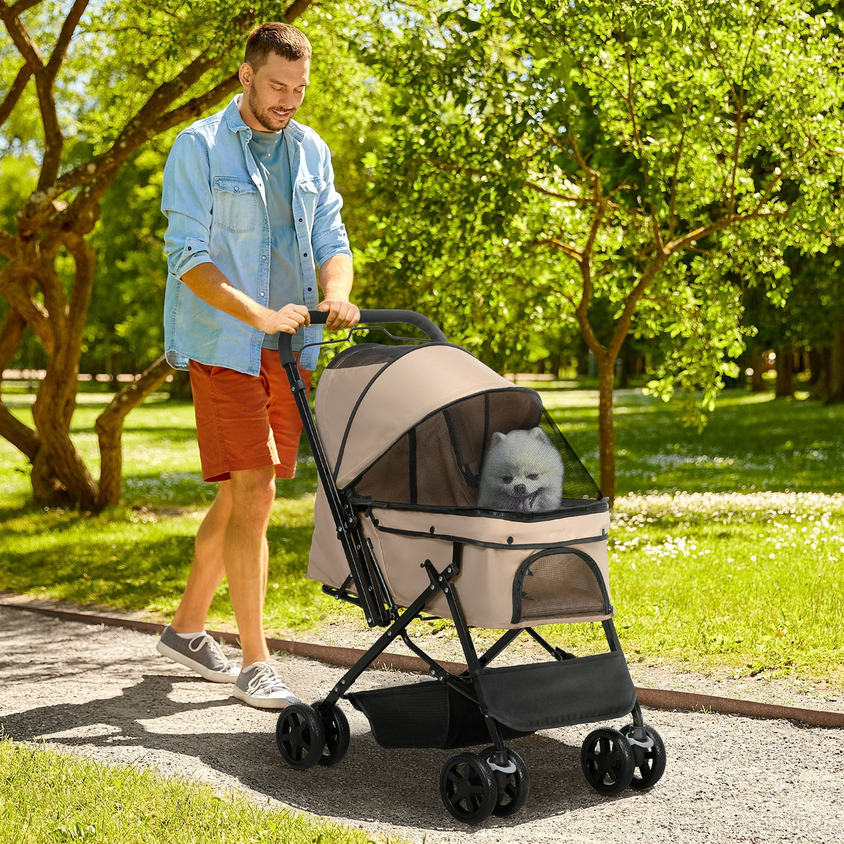 Dog stroller, foldable, 1 basket, 2 brakes, incl. safety leash, light brown (2)