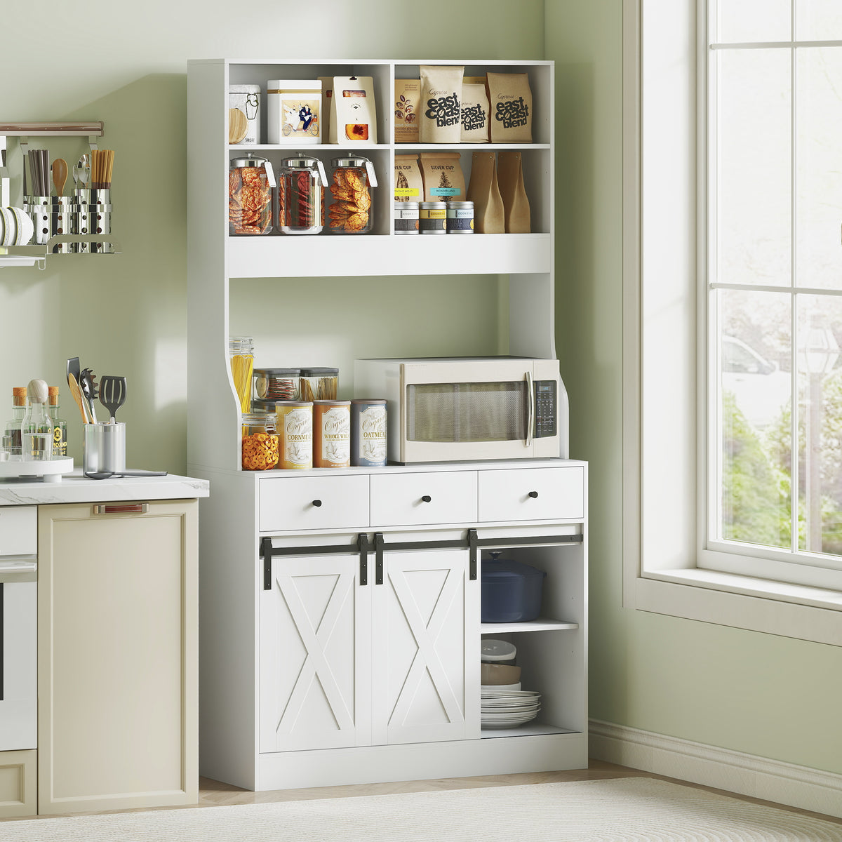 Kitchen cabinet with shelves, cupboards, drawers, and countertop, farmhouse flair, adjustable shelves, wood (2)