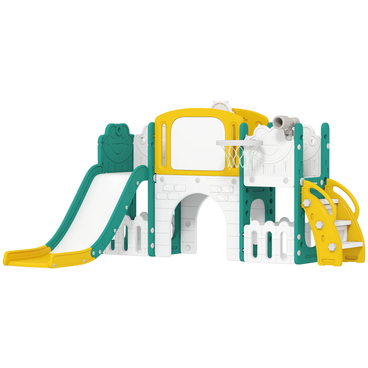 7-in-1 slide set for toddlers, basketball hoop, frog design, climbing frame, swing seat, for indoor and outdoor