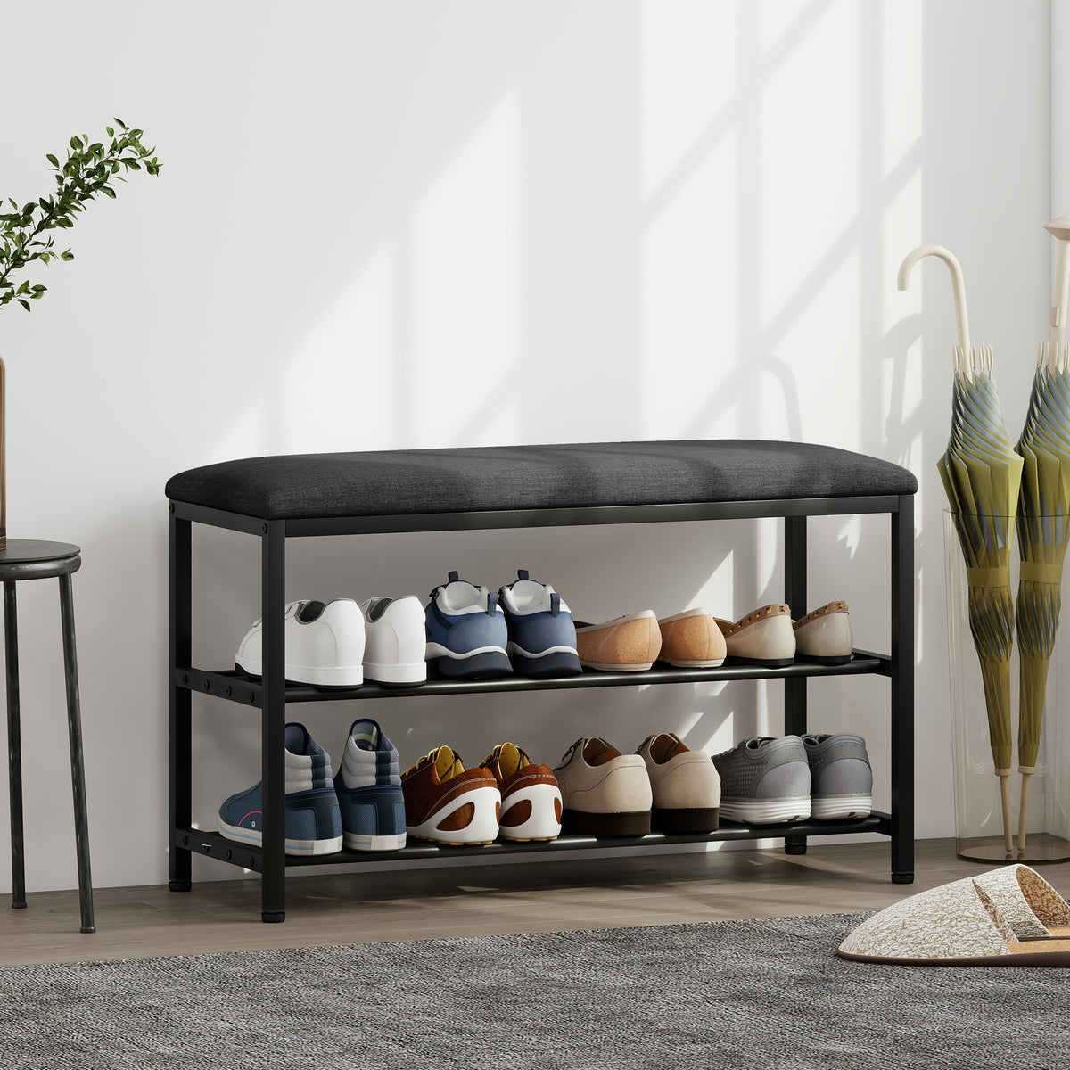 Shoe bench with seat, storage bench, shoe rack with 2 open compartments, bench 81 x 31 x 50 cm Black (2)