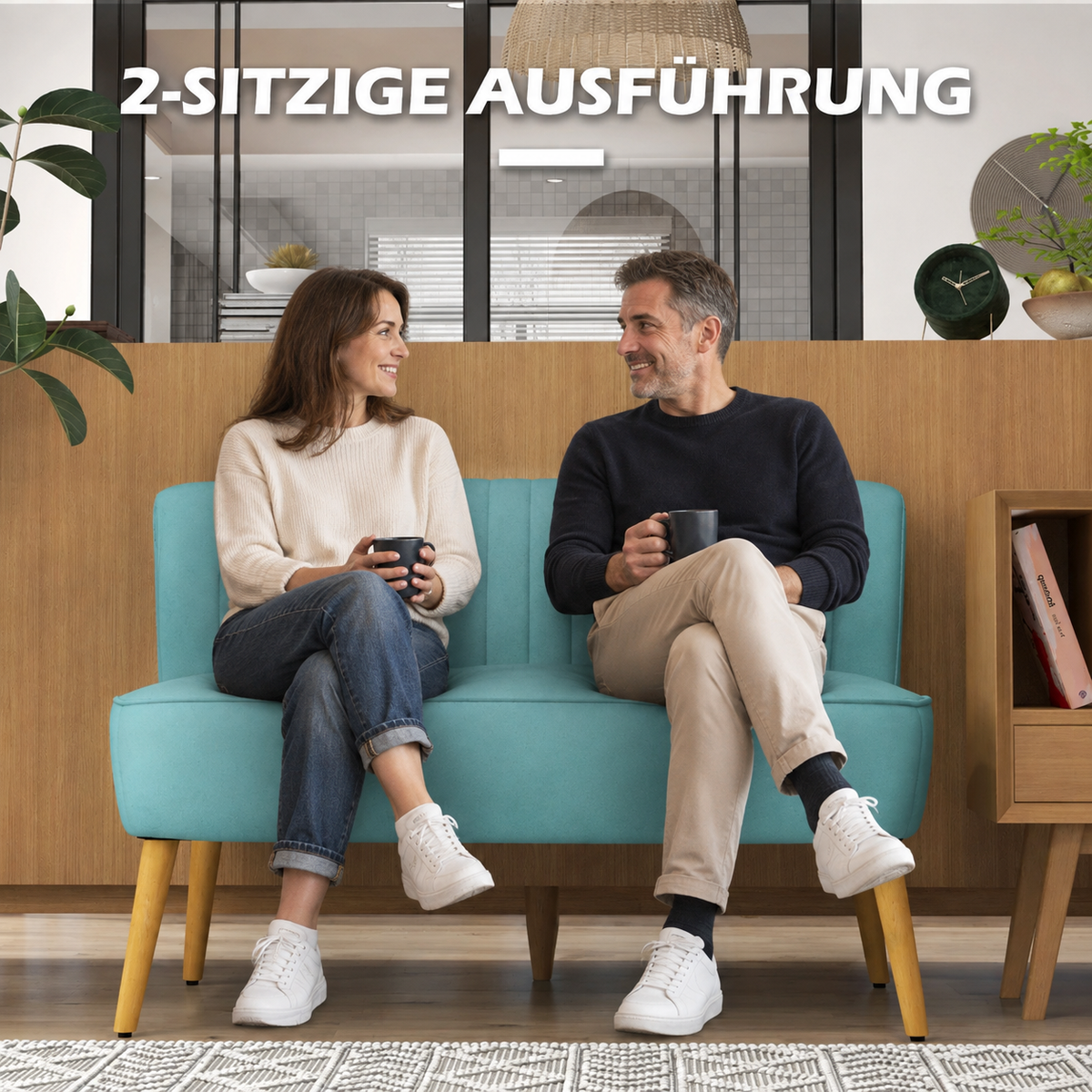 Retro design 2-seater sofa, wooden legs, 117 cm x 56.5 cm x 77 cm, green (6)