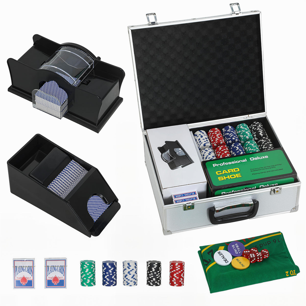 Poker set, 300 chips, dice, 2 decks of cards, accessories, case, for 8 players