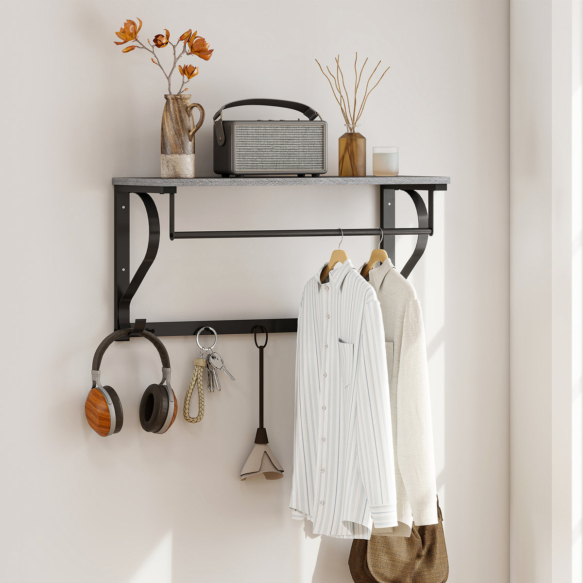 Wall-mounted coat rack, coat hooks, 5 hooks, top shelf, versatile, gray – assembled
