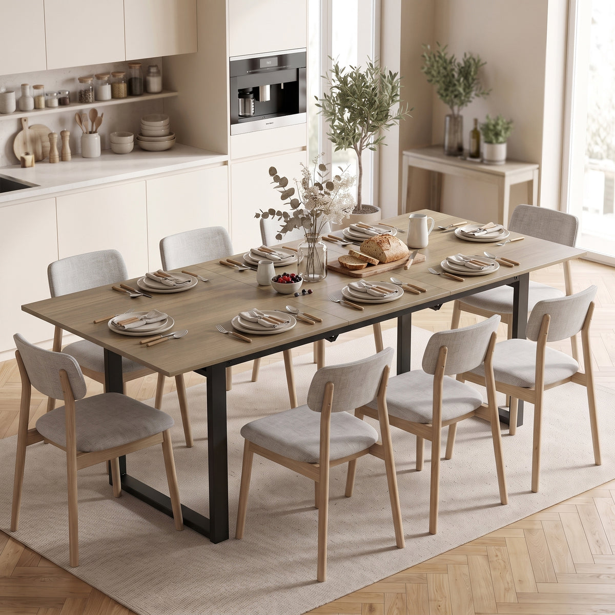 Extendable dining table 140-180 cm for 6-8 people, rectangular in industrial design with steel frame, brown (2)