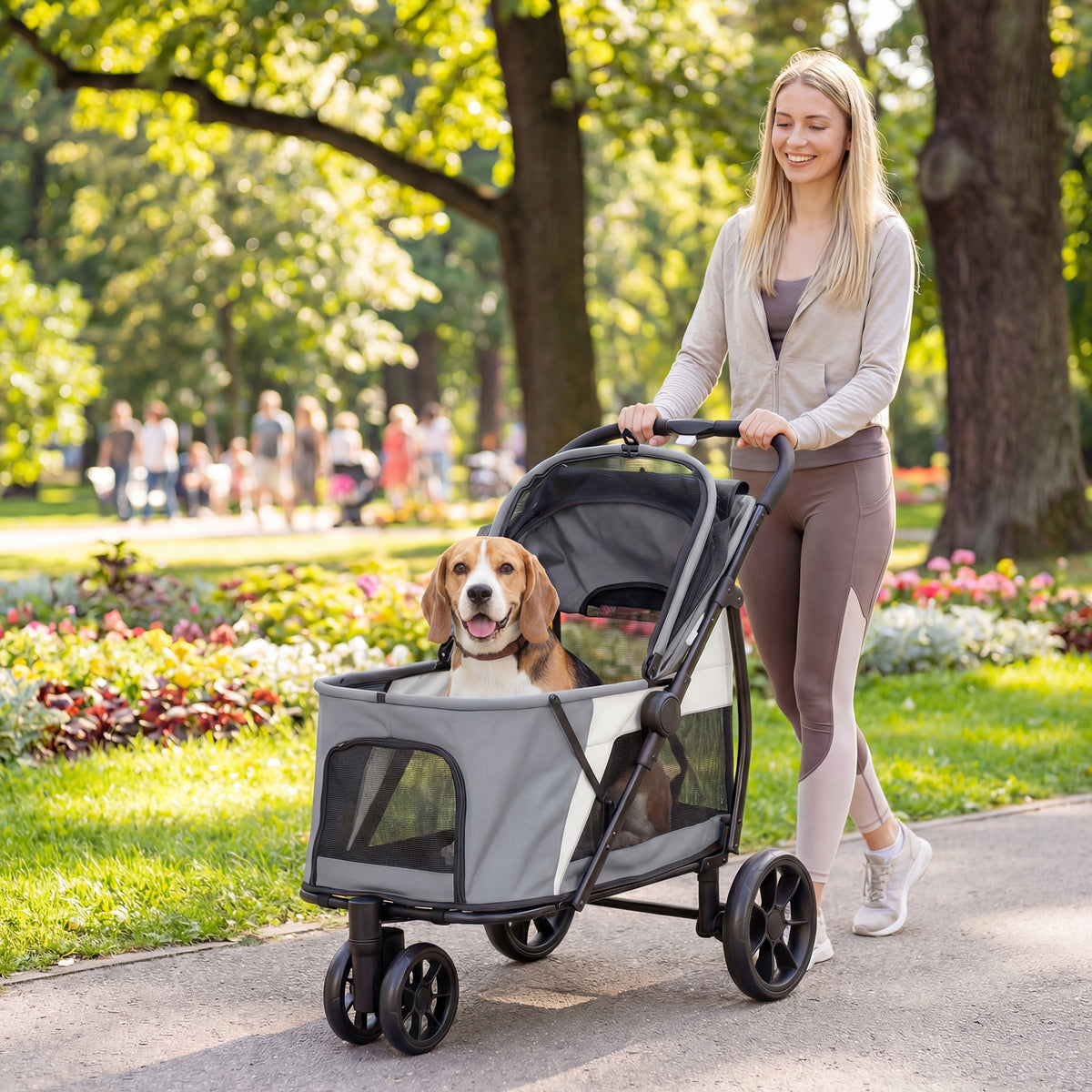 Foldable Dog Stroller, Pet Buggy with Washable Cushion, Mesh Windows, 3 Wheels, for Medium-Sized Dogs up to 20 (2)