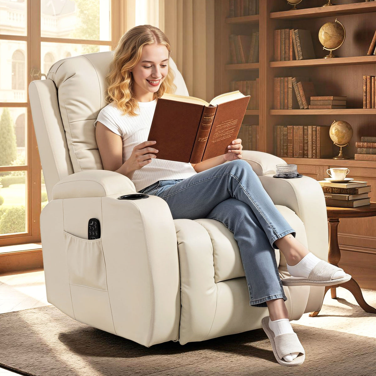 Massage chair with rocking, reclining & heating function, 3 modes, swivel, cream white (2)