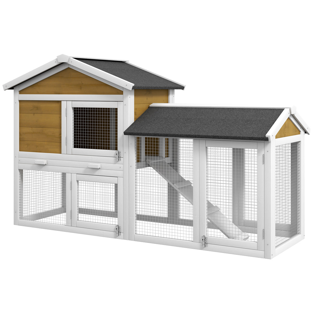 Rabbit hutch 2 tiers wooden rabbit cage with bitumen roof outdoor enclosure ramp doors 147x54x84 cm yellow