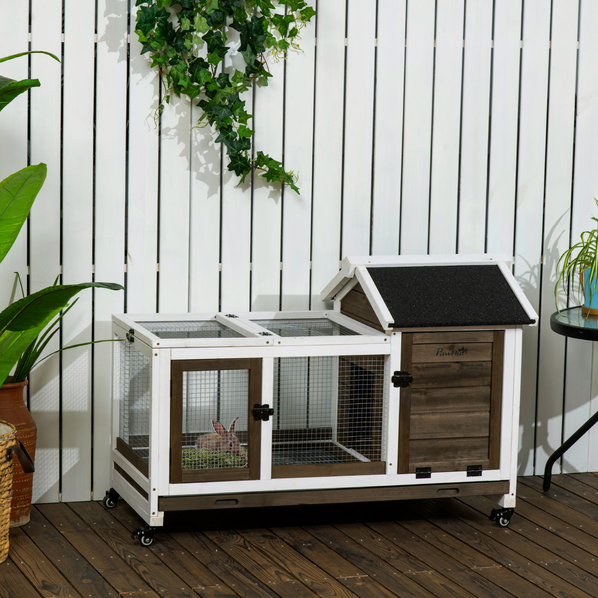 Small animal hutch for dwarf rabbits, guinea pigs, with wheels, 108 x 58 x 73.5 cm, coffee (2)