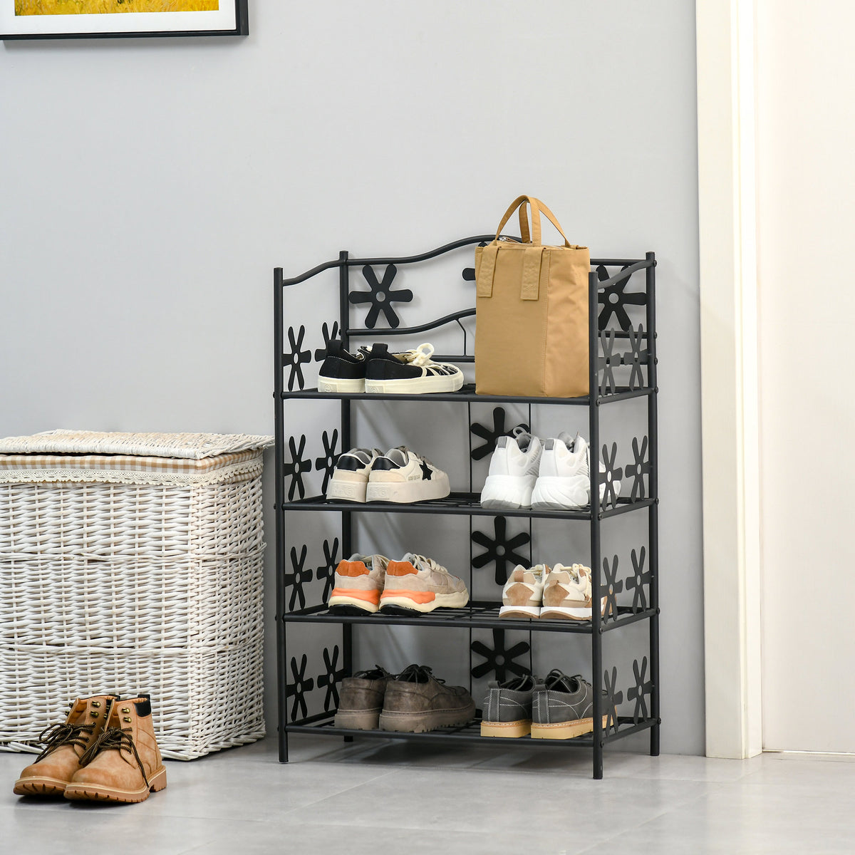 Small shoe rack, space-saving flower shelf, plant stand, shelving unit, 4 tiers, metal, black, 59.5 x 30 x 92 cm (2)