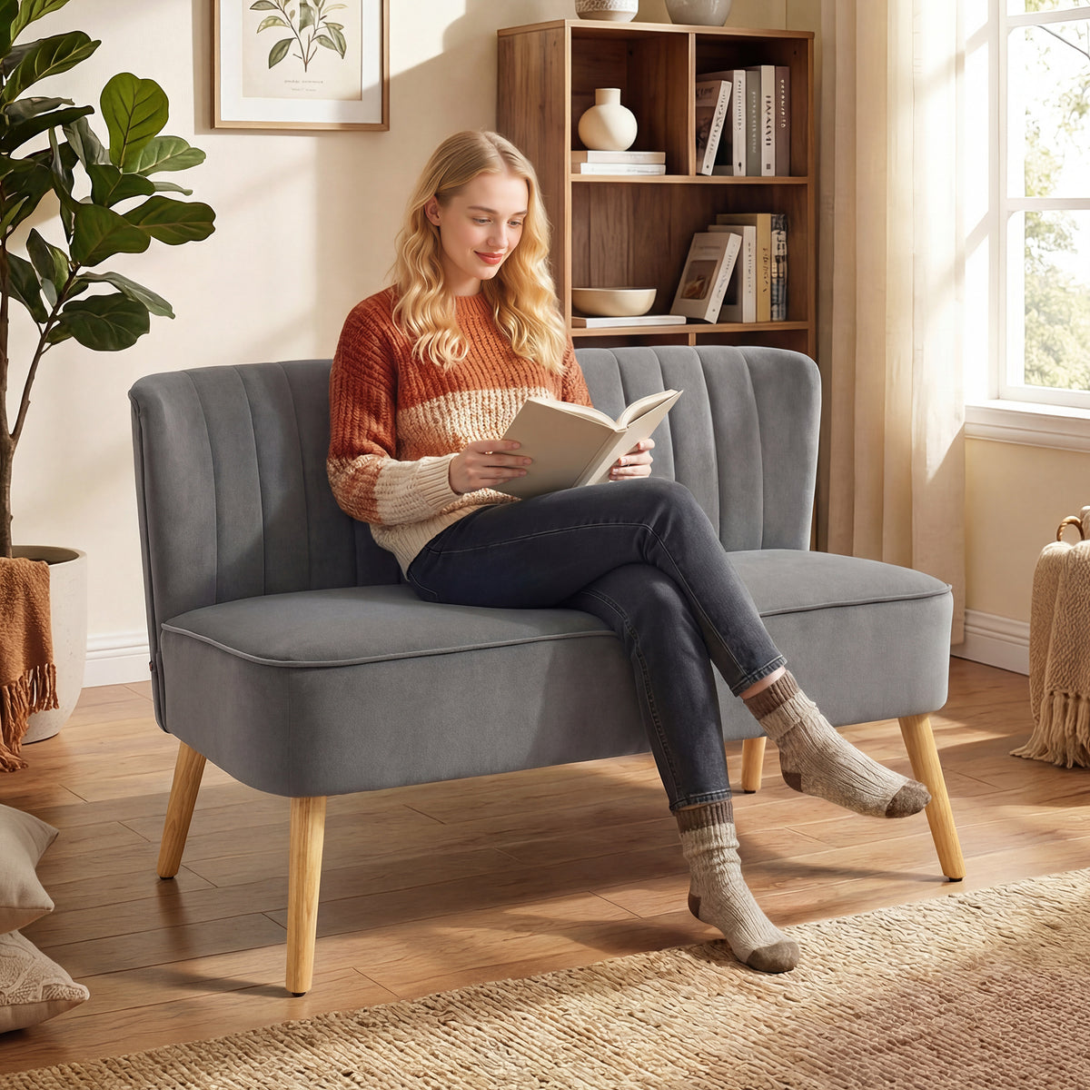 Retro design 2-seater sofa, wooden legs, 117 cm x 56.5 cm x 77 cm, dark gray (2)