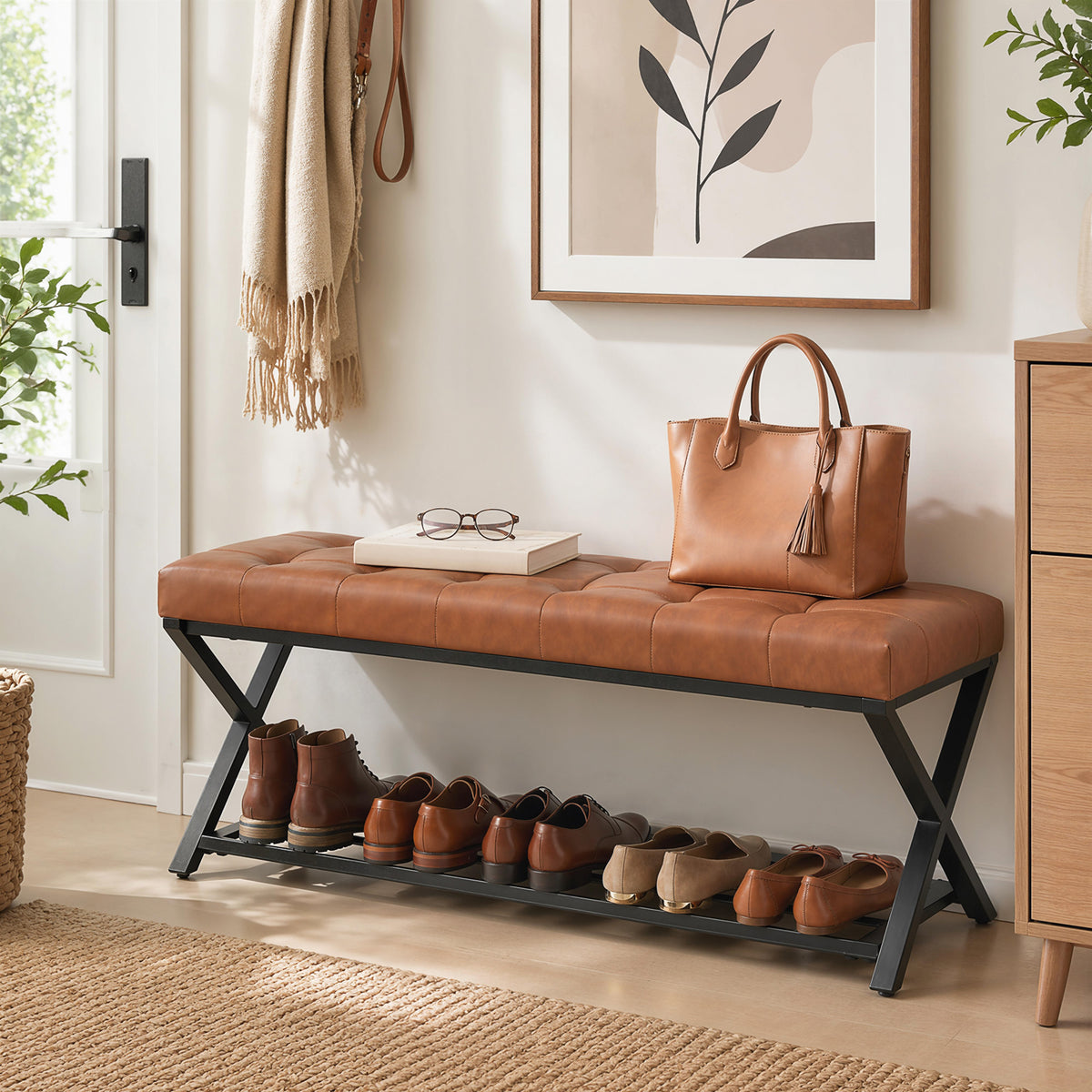 Shoe bench, entryway bench with faux leather cushion, holds up to 220 kg for hallway, entryway, 112 x 37 x 47 cm (2)