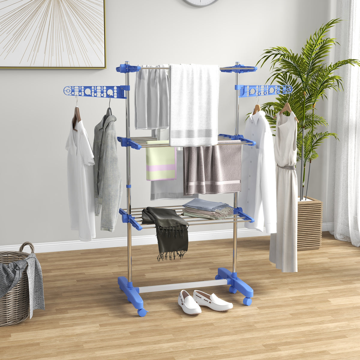 Laundry drying rack. 4 levels, foldable, one-click system, 142 cm x 55 cm x 152 cm blue + silver (2)