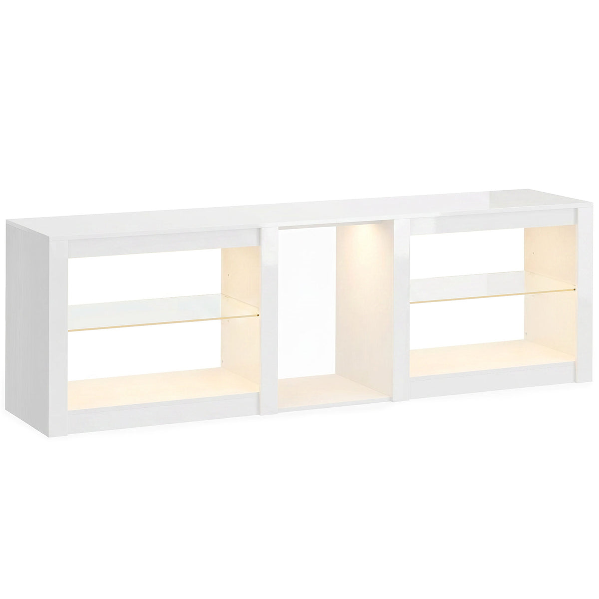 TV lowboard with RGB LED lighting, modern TV unit with adjustable glass shelves, for TVs up to 75 inches, white