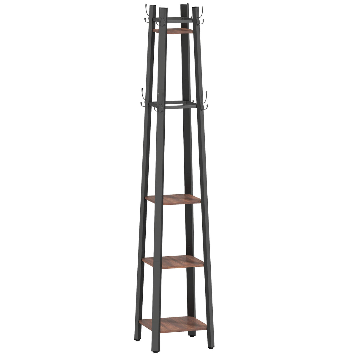 Coat rack with 4 tiers, freestanding clothes rack, 8 hooks, 4 shelves, industrial style, metal, particle board