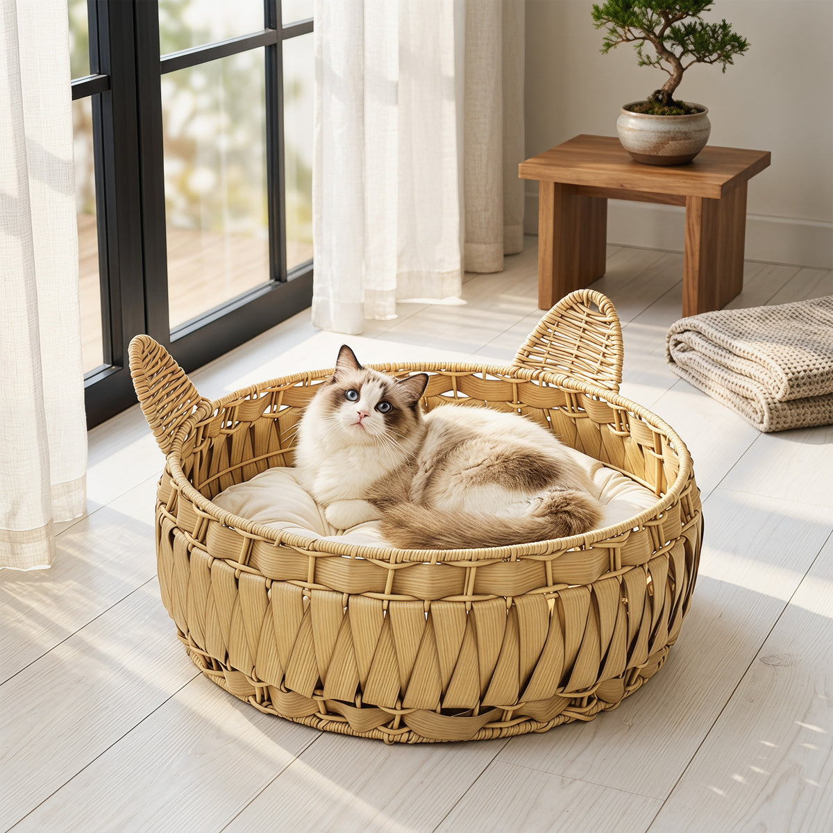 Rattan cat bed cat cave with removable cushion, wicker basket for cats up to 10 kg, 50 x 50 x 25 cm, light brown (2)