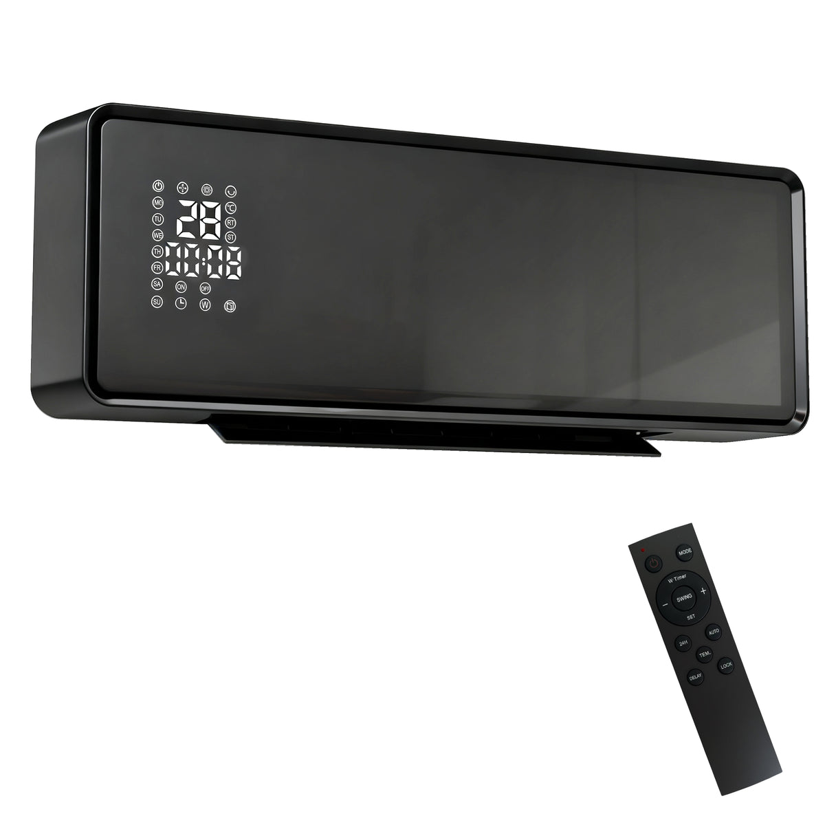 Wall-mounted 2000W ceramic electric heater, fan, thermostat, timer, remote control, glass panel, black – assembled