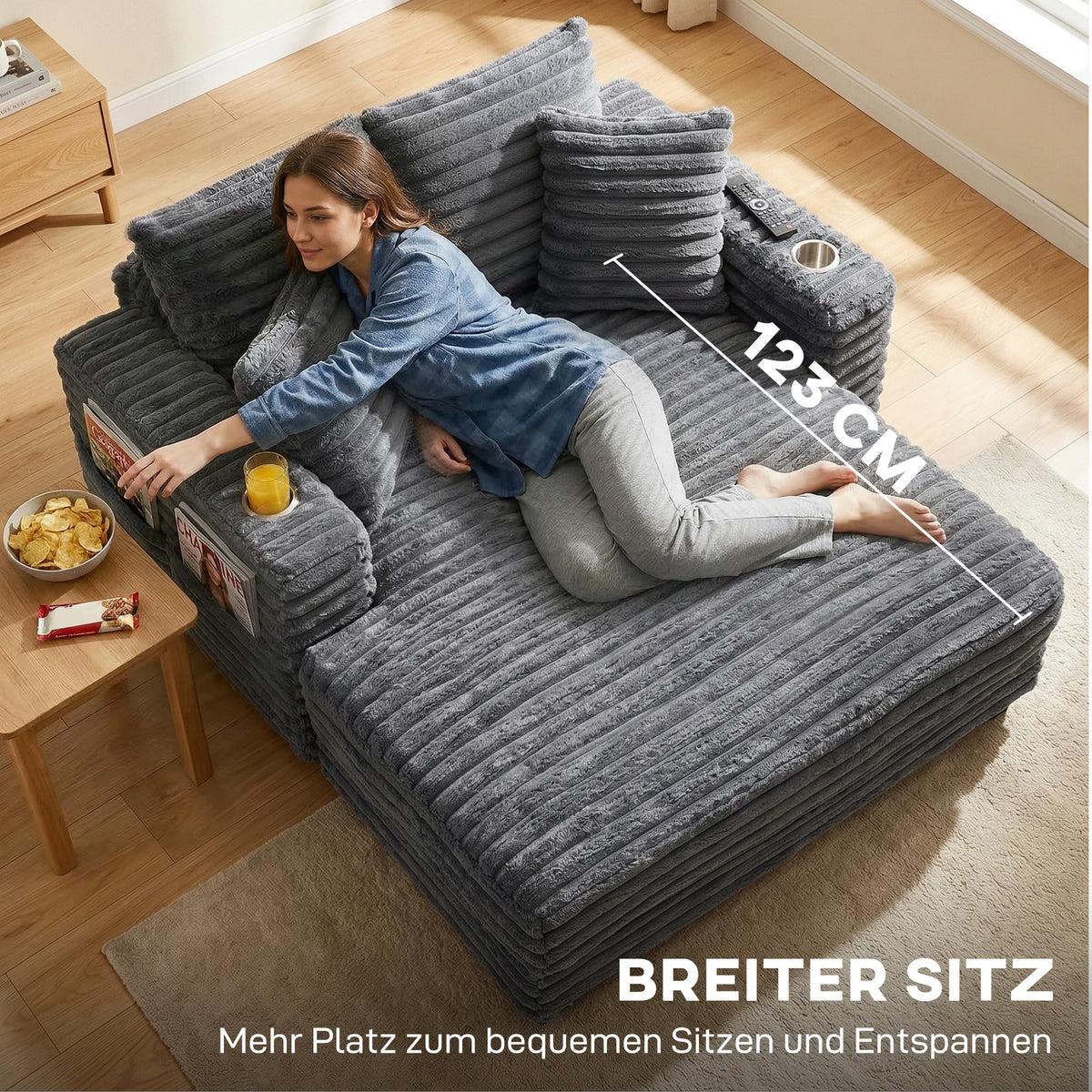 Chaise Longue 2-Seater Large Sofa Bed 134 x 151 cm with Cup Holder for Living Room, Gray (6)