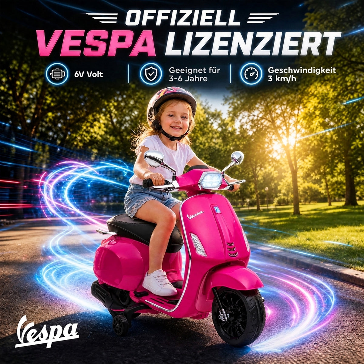 Electric children's motorcycle, Vespa, 3 km/h, 3-6 years, music, light & radio, pink (4)
