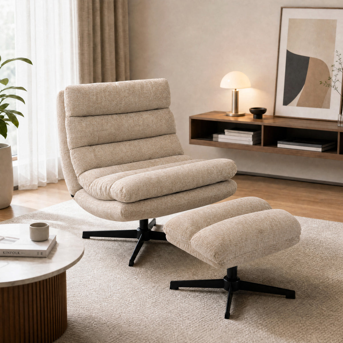 Lounge chair with ottoman, swivel chenille armchair with height-adjustable footstool, thick padding and wide (2)