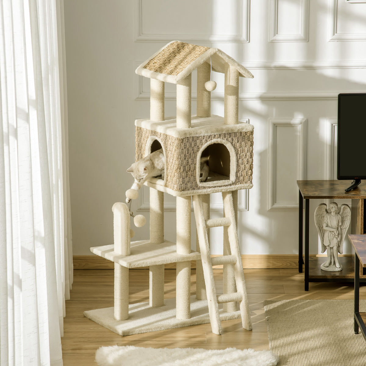 with cat cave incl. toy sisal plush khaki + beige + coffee (2)