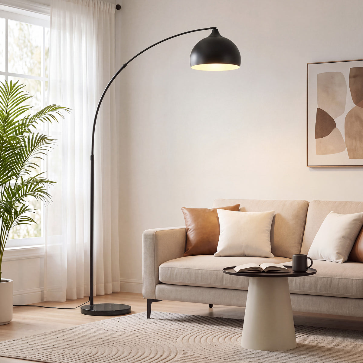 Arc lamp, floor lamp, height-adjustable, foot switch, marble-effect base, 170-180cm, black (2)