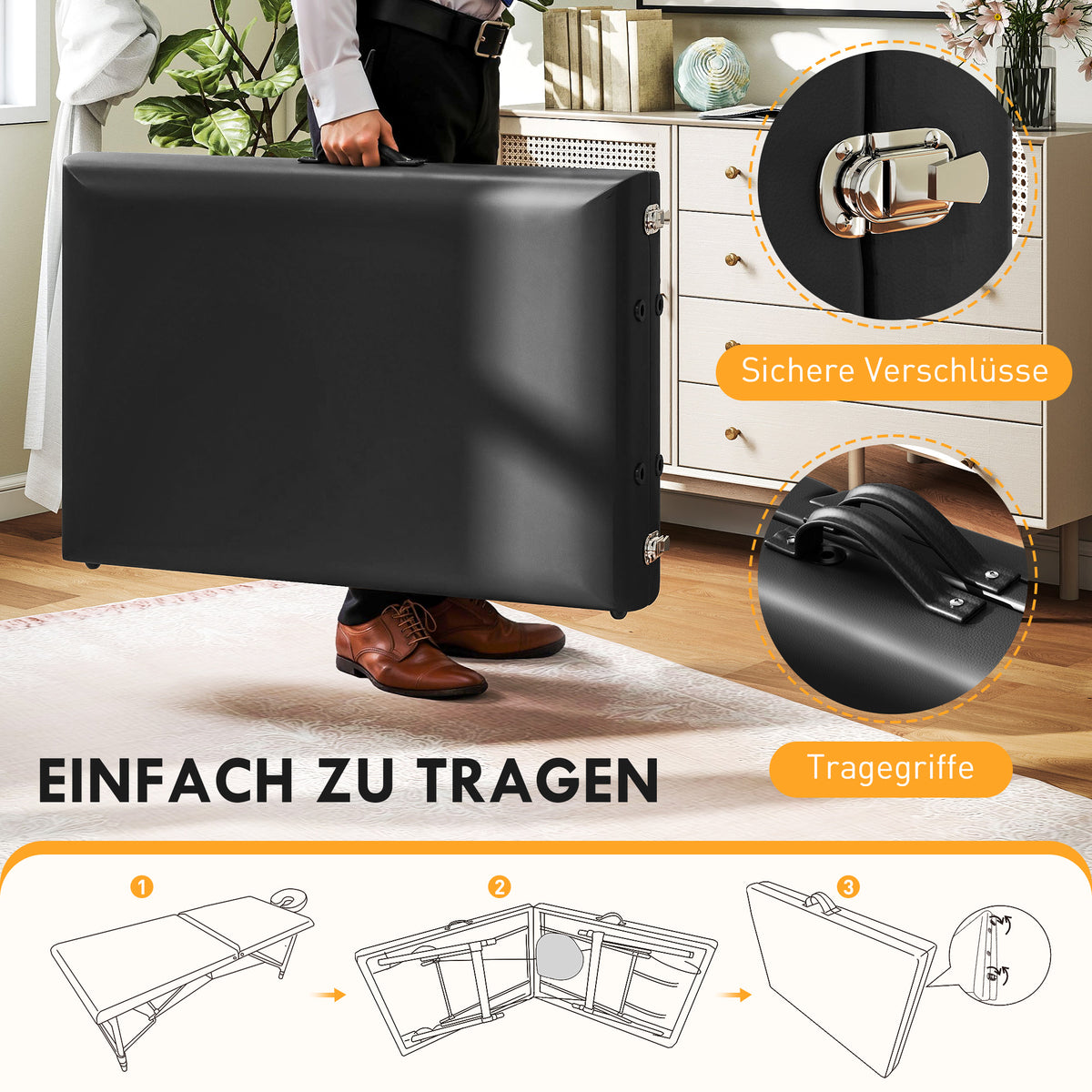 Height-adjustable massage table, wooden frame, foldable massage bed, foam padding, black (6)